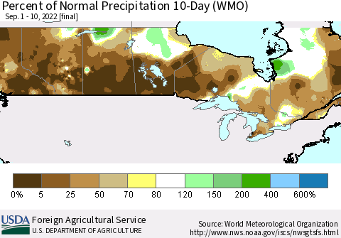 Canada Percent of Normal Precipitation 10-Day (WMO) Thematic Map For 9/1/2022 - 9/10/2022