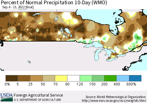 Canada Percent of Normal Precipitation 10-Day (WMO) Thematic Map For 9/6/2022 - 9/15/2022