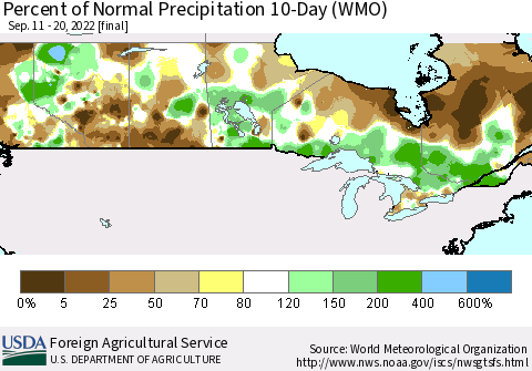Canada Percent of Normal Precipitation 10-Day (WMO) Thematic Map For 9/11/2022 - 9/20/2022