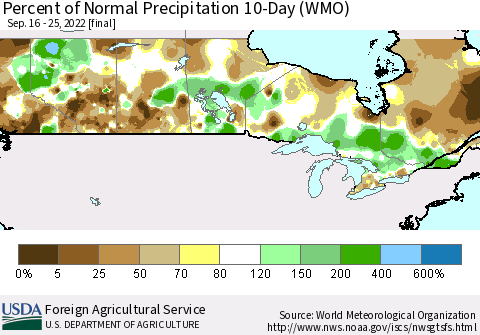 Canada Percent of Normal Precipitation 10-Day (WMO) Thematic Map For 9/16/2022 - 9/25/2022