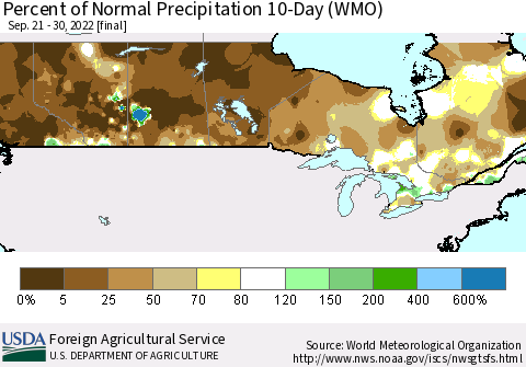 Canada Percent of Normal Precipitation 10-Day (WMO) Thematic Map For 9/21/2022 - 9/30/2022