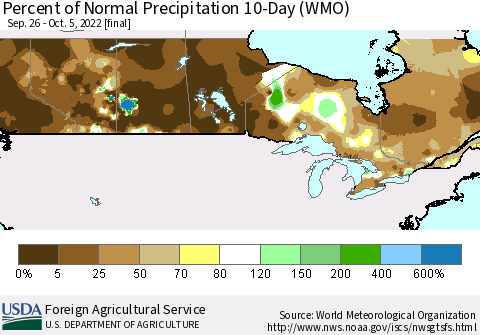 Canada Percent of Normal Precipitation 10-Day (WMO) Thematic Map For 9/26/2022 - 10/5/2022