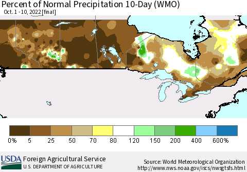 Canada Percent of Normal Precipitation 10-Day (WMO) Thematic Map For 10/1/2022 - 10/10/2022