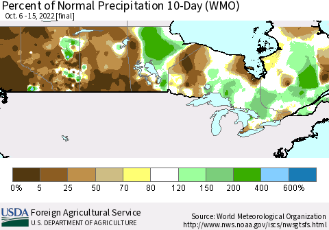 Canada Percent of Normal Precipitation 10-Day (WMO) Thematic Map For 10/6/2022 - 10/15/2022