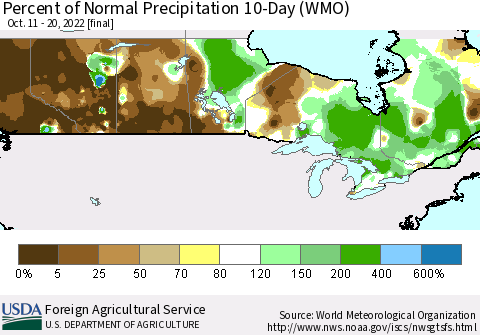 Canada Percent of Normal Precipitation 10-Day (WMO) Thematic Map For 10/11/2022 - 10/20/2022