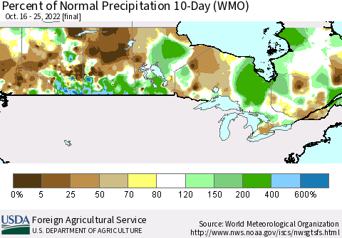 Canada Percent of Normal Precipitation 10-Day (WMO) Thematic Map For 10/16/2022 - 10/25/2022