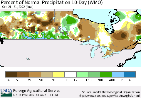 Canada Percent of Normal Precipitation 10-Day (WMO) Thematic Map For 10/21/2022 - 10/31/2022