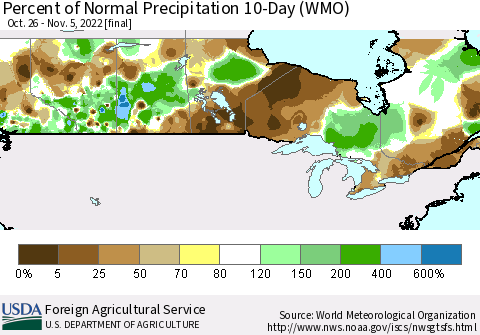 Canada Percent of Normal Precipitation 10-Day (WMO) Thematic Map For 10/26/2022 - 11/5/2022