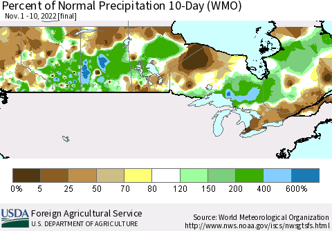 Canada Percent of Normal Precipitation 10-Day (WMO) Thematic Map For 11/1/2022 - 11/10/2022