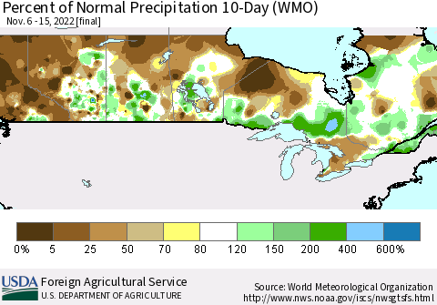 Canada Percent of Normal Precipitation 10-Day (WMO) Thematic Map For 11/6/2022 - 11/15/2022