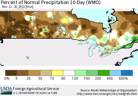 Canada Percent of Normal Precipitation 10-Day (WMO) Thematic Map For 11/11/2022 - 11/20/2022
