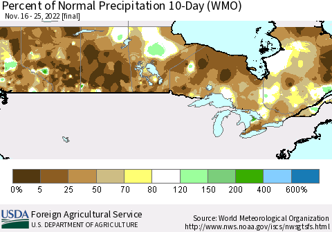 Canada Percent of Normal Precipitation 10-Day (WMO) Thematic Map For 11/16/2022 - 11/25/2022