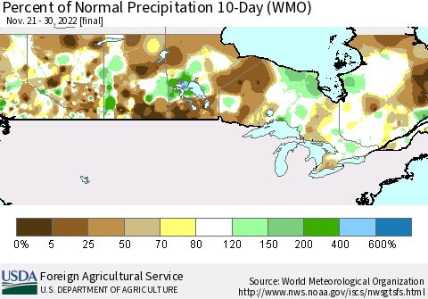 Canada Percent of Normal Precipitation 10-Day (WMO) Thematic Map For 11/21/2022 - 11/30/2022