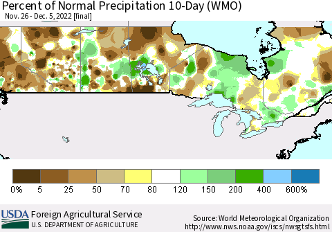 Canada Percent of Normal Precipitation 10-Day (WMO) Thematic Map For 11/26/2022 - 12/5/2022