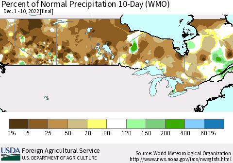 Canada Percent of Normal Precipitation 10-Day (WMO) Thematic Map For 12/1/2022 - 12/10/2022
