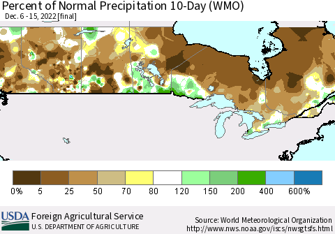 Canada Percent of Normal Precipitation 10-Day (WMO) Thematic Map For 12/6/2022 - 12/15/2022
