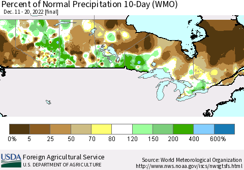 Canada Percent of Normal Precipitation 10-Day (WMO) Thematic Map For 12/11/2022 - 12/20/2022