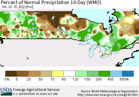 Canada Percent of Normal Precipitation 10-Day (WMO) Thematic Map For 12/16/2022 - 12/25/2022