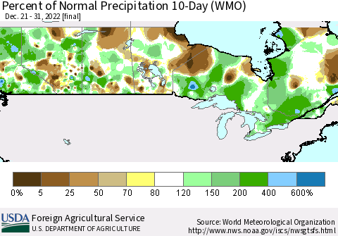 Canada Percent of Normal Precipitation 10-Day (WMO) Thematic Map For 12/21/2022 - 12/31/2022