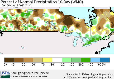 Canada Percent of Normal Precipitation 10-Day (WMO) Thematic Map For 12/26/2022 - 1/5/2023