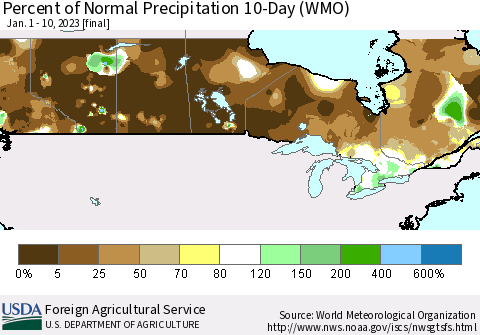 Canada Percent of Normal Precipitation 10-Day (WMO) Thematic Map For 1/1/2023 - 1/10/2023