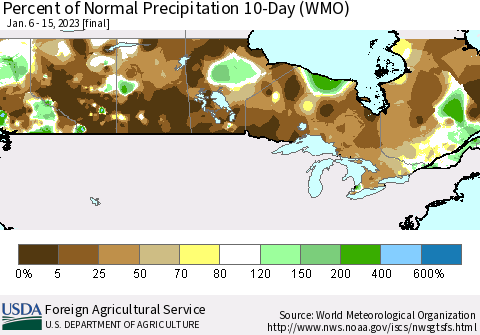 Canada Percent of Normal Precipitation 10-Day (WMO) Thematic Map For 1/6/2023 - 1/15/2023