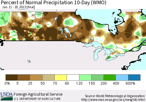 Canada Percent of Normal Precipitation 10-Day (WMO) Thematic Map For 1/11/2023 - 1/20/2023