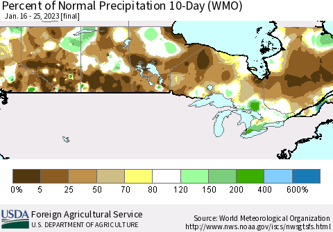 Canada Percent of Normal Precipitation 10-Day (WMO) Thematic Map For 1/16/2023 - 1/25/2023