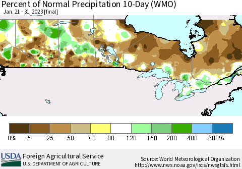 Canada Percent of Normal Precipitation 10-Day (WMO) Thematic Map For 1/21/2023 - 1/31/2023