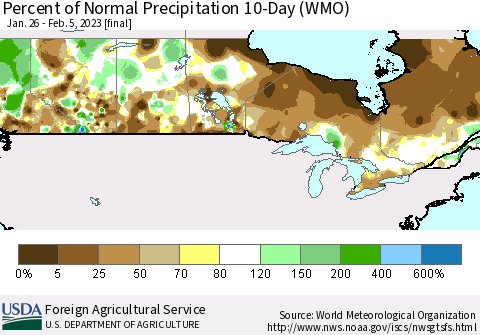 Canada Percent of Normal Precipitation 10-Day (WMO) Thematic Map For 1/26/2023 - 2/5/2023