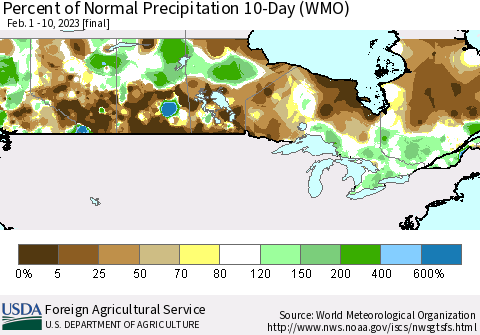 Canada Percent of Normal Precipitation 10-Day (WMO) Thematic Map For 2/1/2023 - 2/10/2023