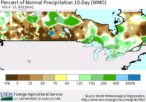 Canada Percent of Normal Precipitation 10-Day (WMO) Thematic Map For 2/6/2023 - 2/15/2023