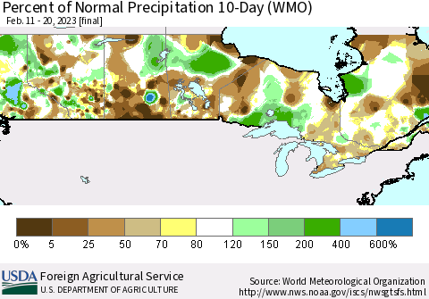 Canada Percent of Normal Precipitation 10-Day (WMO) Thematic Map For 2/11/2023 - 2/20/2023