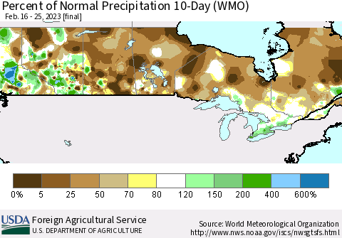 Canada Percent of Normal Precipitation 10-Day (WMO) Thematic Map For 2/16/2023 - 2/25/2023
