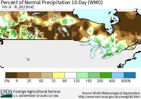 Canada Percent of Normal Precipitation 10-Day (WMO) Thematic Map For 2/21/2023 - 2/28/2023