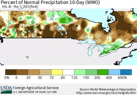 Canada Percent of Normal Precipitation 10-Day (WMO) Thematic Map For 2/26/2023 - 3/5/2023