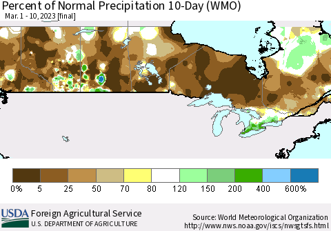 Canada Percent of Normal Precipitation 10-Day (WMO) Thematic Map For 3/1/2023 - 3/10/2023
