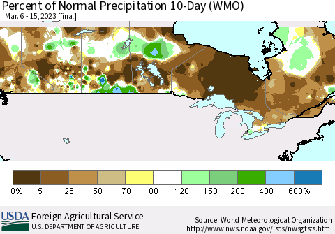 Canada Percent of Normal Precipitation 10-Day (WMO) Thematic Map For 3/6/2023 - 3/15/2023