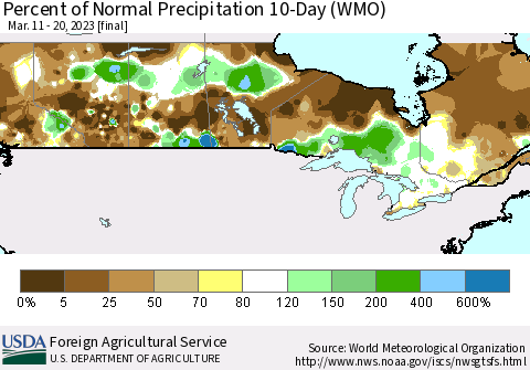 Canada Percent of Normal Precipitation 10-Day (WMO) Thematic Map For 3/11/2023 - 3/20/2023
