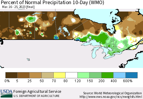 Canada Percent of Normal Precipitation 10-Day (WMO) Thematic Map For 3/16/2023 - 3/25/2023