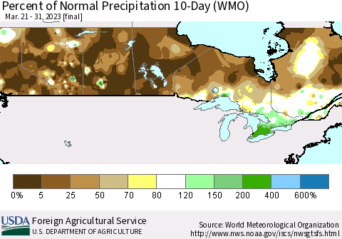 Canada Percent of Normal Precipitation 10-Day (WMO) Thematic Map For 3/21/2023 - 3/31/2023