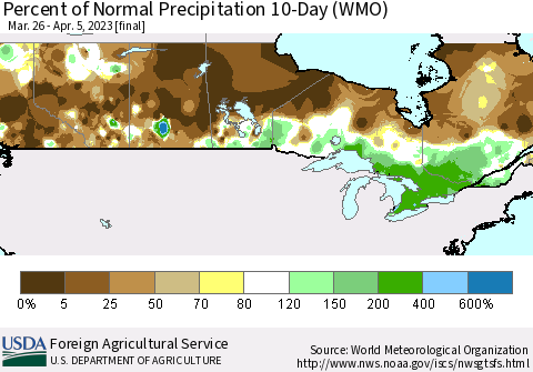 Canada Percent of Normal Precipitation 10-Day (WMO) Thematic Map For 3/26/2023 - 4/5/2023