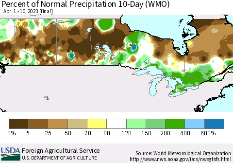 Canada Percent of Normal Precipitation 10-Day (WMO) Thematic Map For 4/1/2023 - 4/10/2023