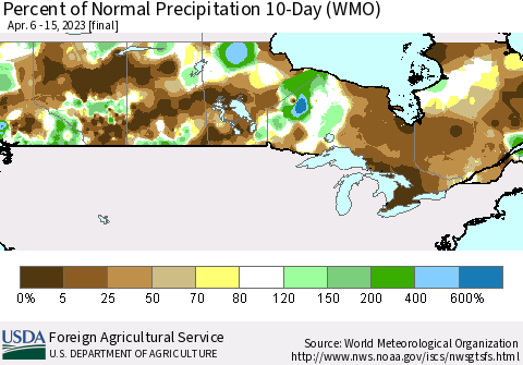 Canada Percent of Normal Precipitation 10-Day (WMO) Thematic Map For 4/6/2023 - 4/15/2023