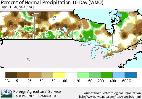Canada Percent of Normal Precipitation 10-Day (WMO) Thematic Map For 4/11/2023 - 4/20/2023