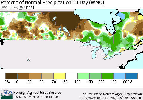 Canada Percent of Normal Precipitation 10-Day (WMO) Thematic Map For 4/16/2023 - 4/25/2023
