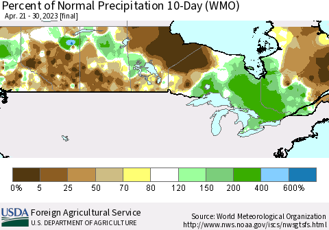 Canada Percent of Normal Precipitation 10-Day (WMO) Thematic Map For 4/21/2023 - 4/30/2023