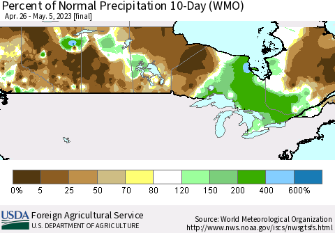 Canada Percent of Normal Precipitation 10-Day (WMO) Thematic Map For 4/26/2023 - 5/5/2023