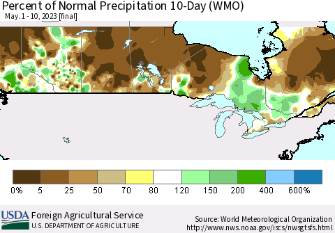 Canada Percent of Normal Precipitation 10-Day (WMO) Thematic Map For 5/1/2023 - 5/10/2023