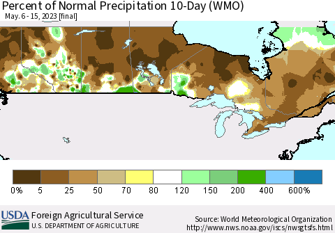 Canada Percent of Normal Precipitation 10-Day (WMO) Thematic Map For 5/6/2023 - 5/15/2023